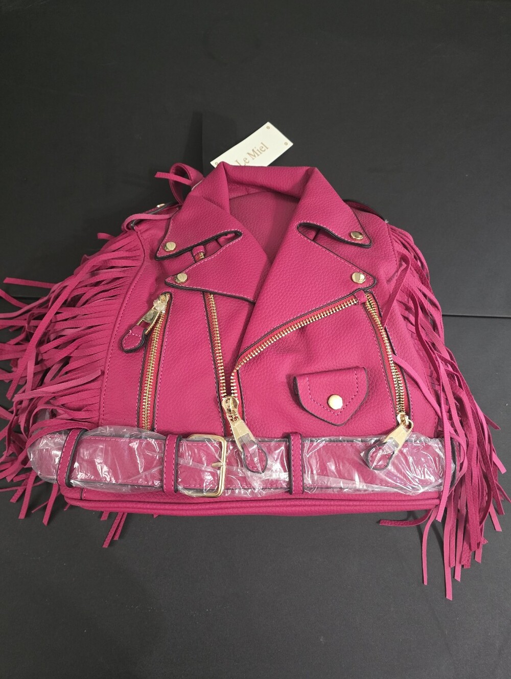 New LE Miel Vegan Hot Pink Fringe Moto Backpack Bag with Gold Hardware
